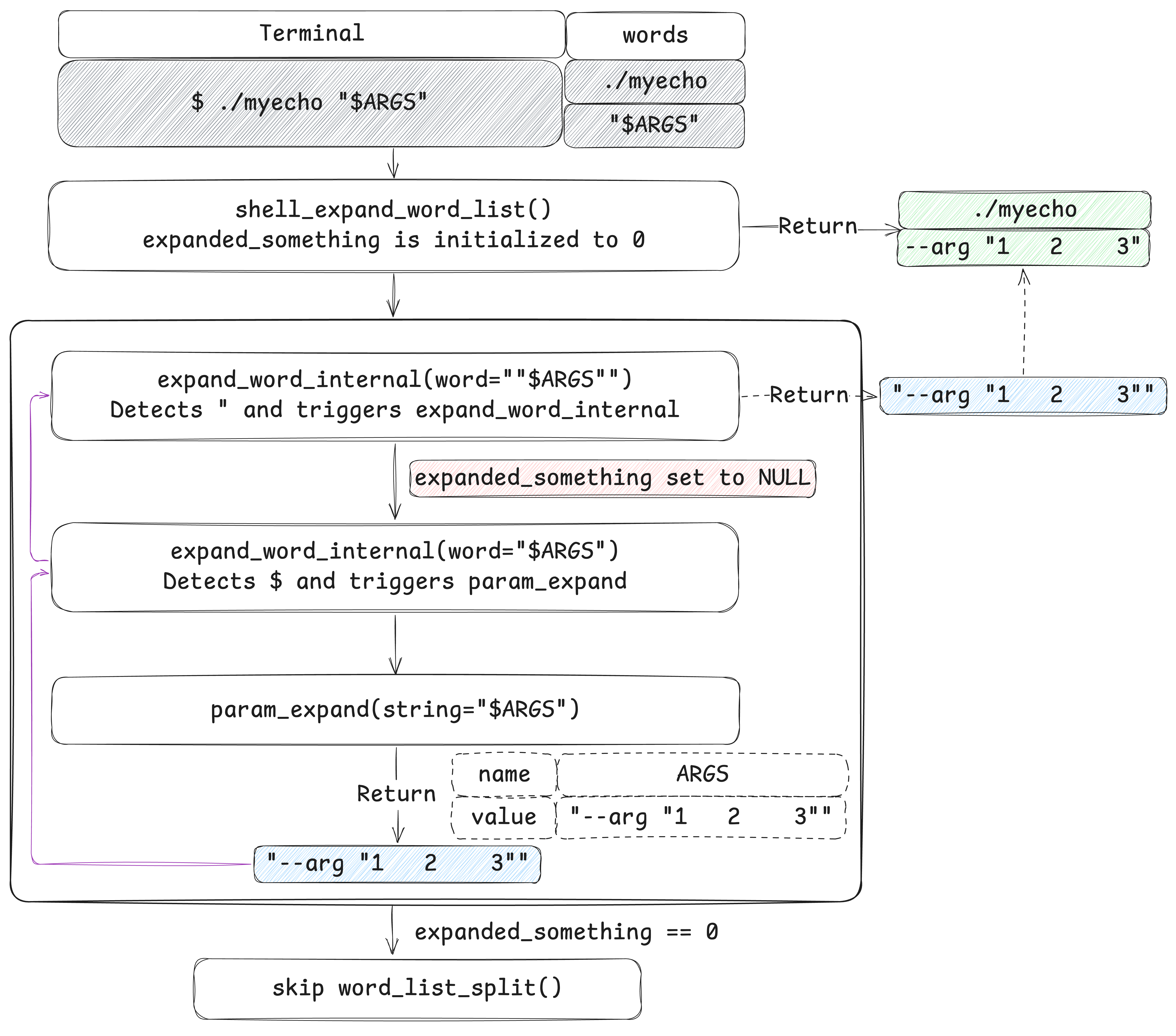 Bash expansion process flow: quoted variable