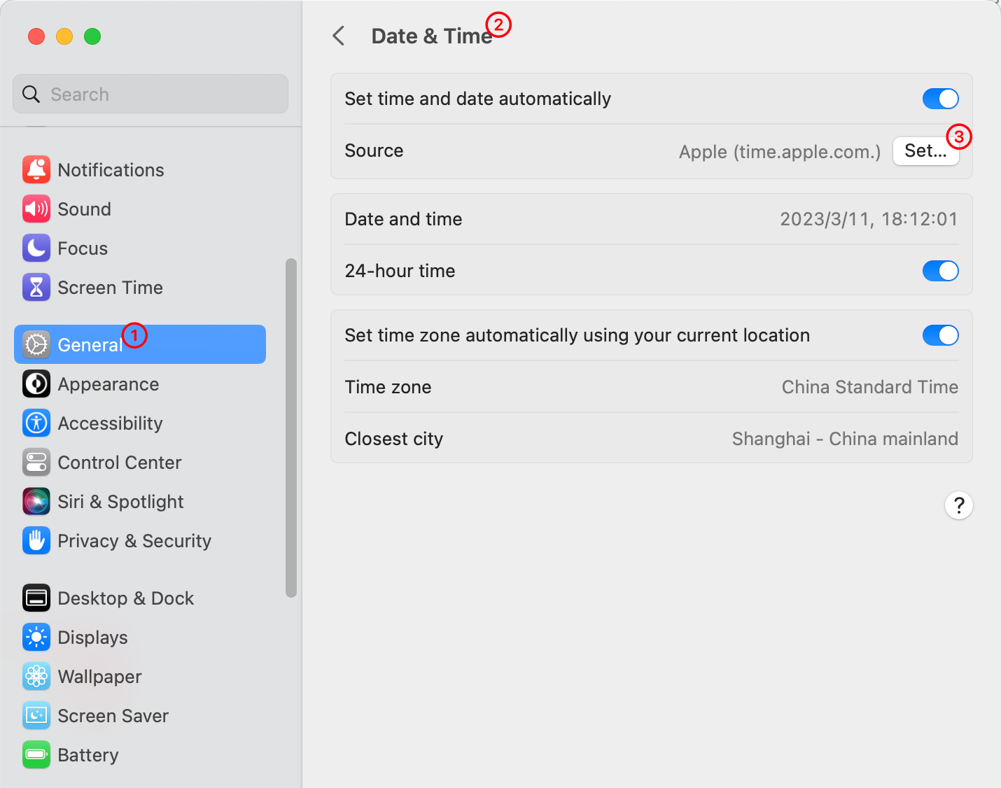 Set time source on macOS